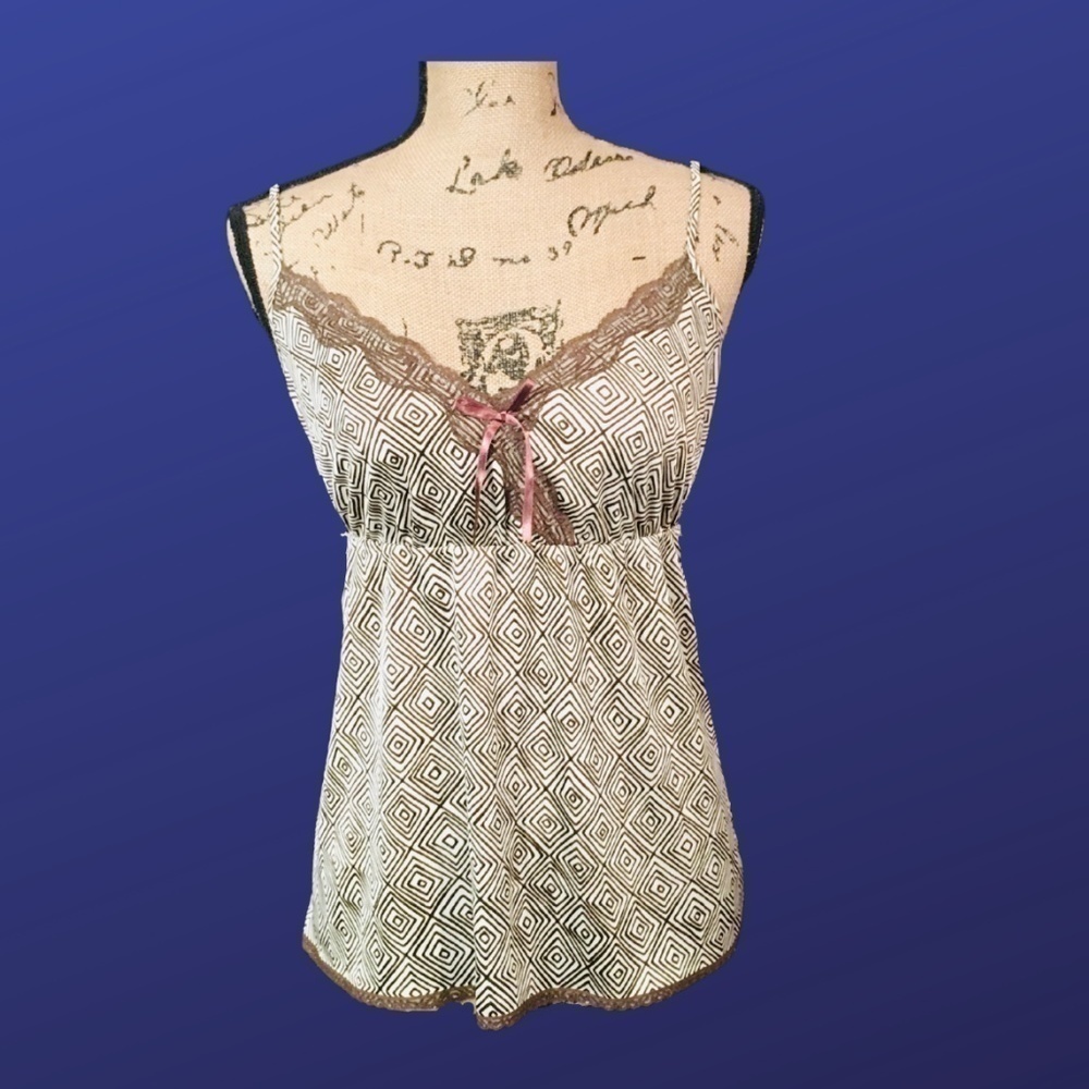 THE LIMITED Camisole Cami Top w/Lace Trim, BROWN/CREAM GEOMETRIC, Size L, NWOT